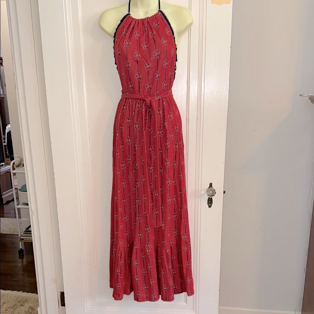 Vintage 70s Hubba Hubba Red, White & Navy Blue Halter Maxi Dress With Ruffle Hem